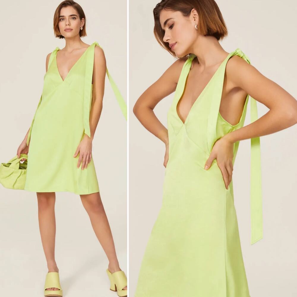 Stine Goya Rosario Bright Yellow Green Yuzu Bow V Neck Mini Dress Medium
